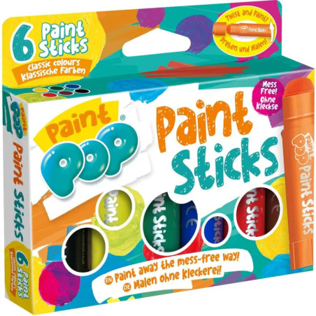 Box mit 6 Paint Pop Paint Sticks in klassischen Farben, auf der Verpackung ist ein orangefarbener Muster-Stift abgebildet.