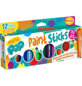 Box mit 12 Paint Pop Paint Sticks in verschiedenen Farben, Verpackung zeigt bunte Farbspritzer und Produktinfos.