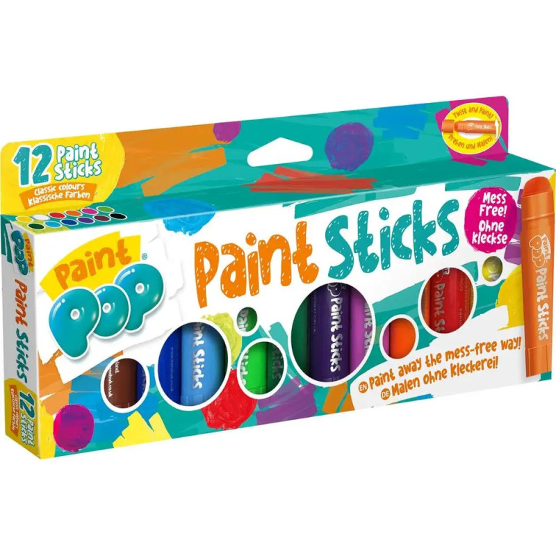 Box mit 12 Paint Pop Paint Sticks in verschiedenen Farben, Verpackung zeigt bunte Farbspritzer und Produktinfos.
