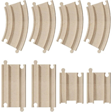 Vier gebogene und vier gerade Holzschienen für eine Spielzeugeisenbahn auf weißem Hintergrund.