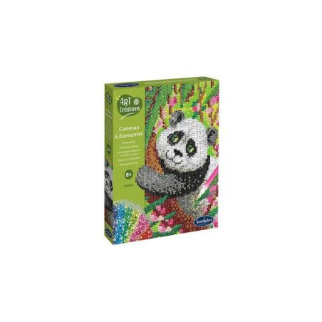 Diamond Painting-Set mit Panda und buntem Hintergrund, geeignet für Kinder ab 8 Jahren.