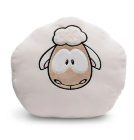 Rundes weißes Kissen mit niedlichem Cartoon-Schafsgesicht, großen Augen und flauschigen Schlappohren.
