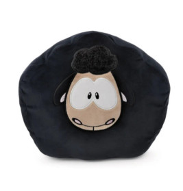 Rundes schwarzes Kissen mit gesticktem Cartoon-Schafsgesicht und abstehenden Ohren auf der Vorderseite.