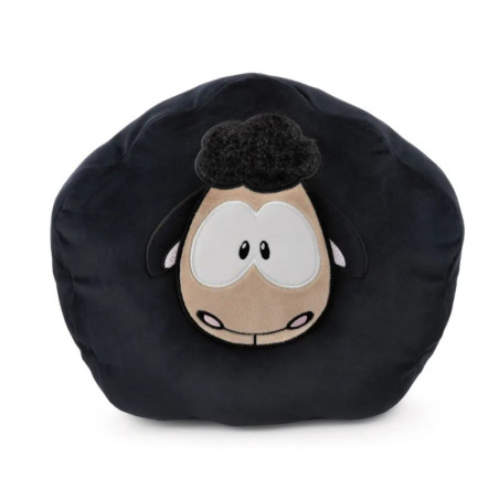 Rundes schwarzes Kissen mit gesticktem Cartoon-Schafsgesicht und abstehenden Ohren auf der Vorderseite.