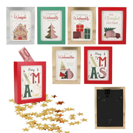 Acht festliche Bilderrahmen mit Weihnachtsmotiven, einer mit Geld gefüllt, darunter goldene Stern-Konfetti.