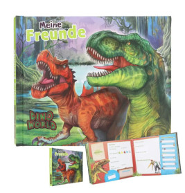 Buchcover mit zwei Dino-Zeichnungen, Titel Meine Freunde Dino World, dazu eine aufgeschlagene Seite mit Formularen.