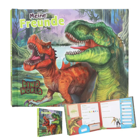 Buchcover mit zwei Dino-Zeichnungen, Titel Meine Freunde Dino World, dazu eine aufgeschlagene Seite mit Formularen.