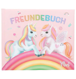 Zwei bunte Einhörner berühren sich auf einem Regenbogen unter Freundebuch auf einem pinken Buchcover.