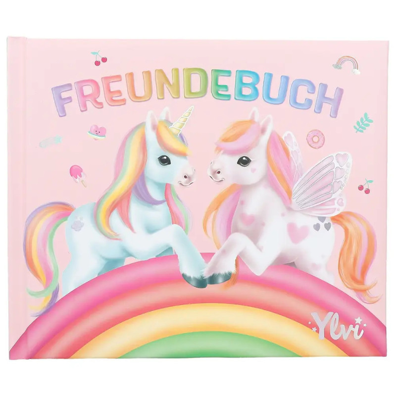Zwei bunte Einhörner berühren sich auf einem Regenbogen unter Freundebuch auf einem pinken Buchcover.