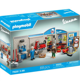 Playmobil Vespa Set: Verpackung mit Werkstatt-Szene, zwei Figuren und rotem Vespa-Roller.