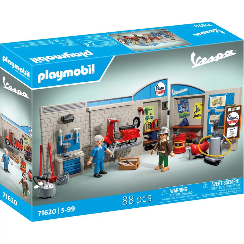 Playmobil Vespa Set: Verpackung mit Werkstatt-Szene, zwei Figuren und rotem Vespa-Roller.