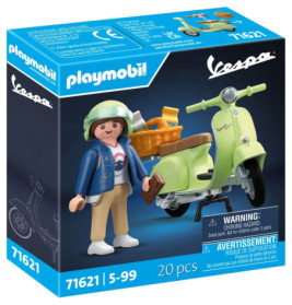 Playmobil Vespa-Set: Box mit Figur, grünem Roller, Korb und Zubehör, geeignet für Kinder von 5 bis 99 Jahren.