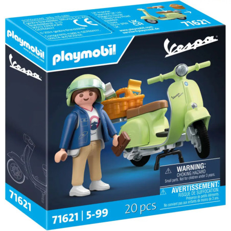 Playmobil Vespa-Set: Box mit Figur, grünem Roller, Korb und Zubehör, geeignet für Kinder von 5 bis 99 Jahren.