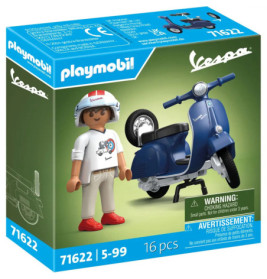 Playmobil Vespa-Set mit blauem Roller und Figur mit Helm und weißem Shirt in Verpackung.