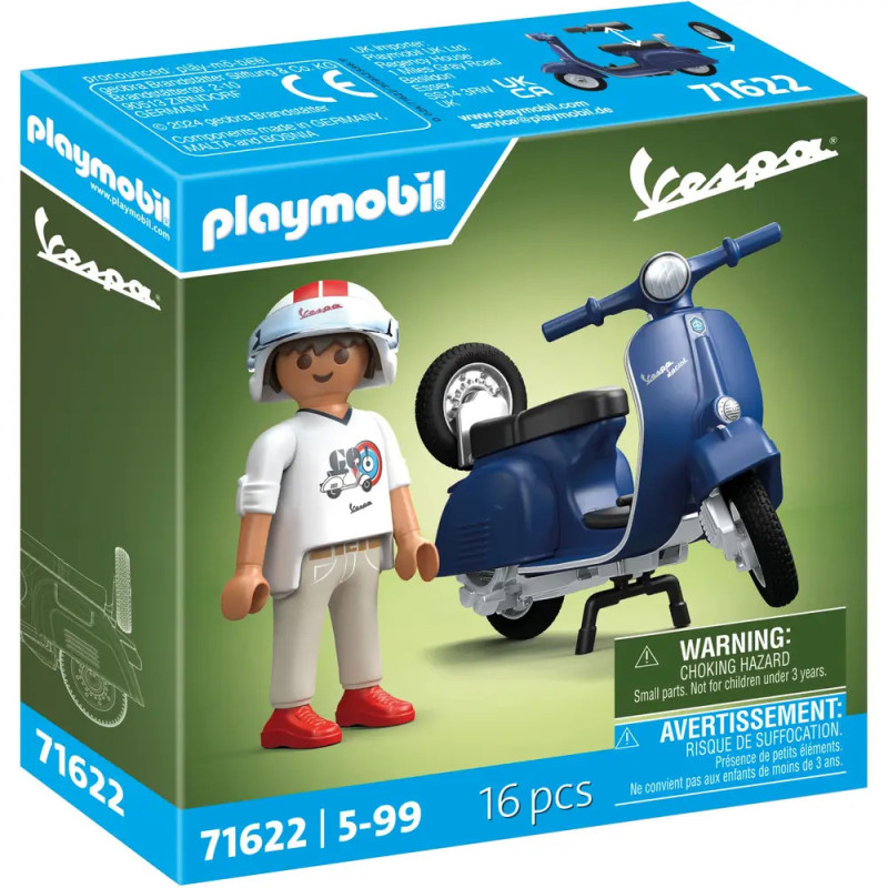 Playmobil Vespa-Set mit blauem Roller und Figur mit Helm und weißem Shirt in Verpackung.