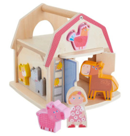Holzspielzeug-Scheune mit Tier- und Bauernfiguren: Pferd, Schwein, Huhn, Kuh sowie ein Mädchen.