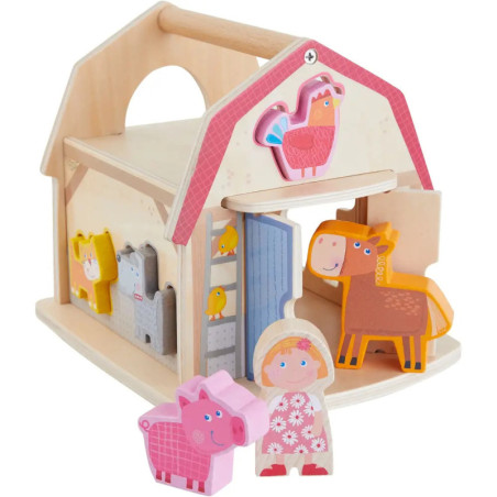 Holzspielzeug-Scheune mit Tier- und Bauernfiguren: Pferd, Schwein, Huhn, Kuh sowie ein Mädchen.