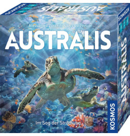 Der Spielekarton von Australis zeigt drei Meeresschildkröten, die mit Fischen und Korallen unter Wasser schwimmen.