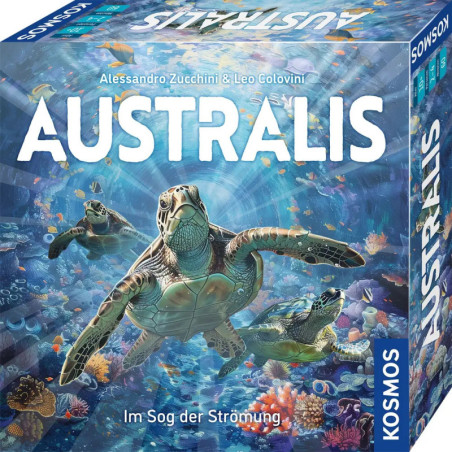 Der Spielekarton von Australis zeigt drei Meeresschildkröten, die mit Fischen und Korallen unter Wasser schwimmen.
