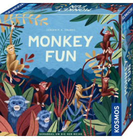 Farbenfrohe Spielschachtel mit spielenden Affen und blauen Tieren im Dschungel, Titel Monkey Fun von Kosmos.