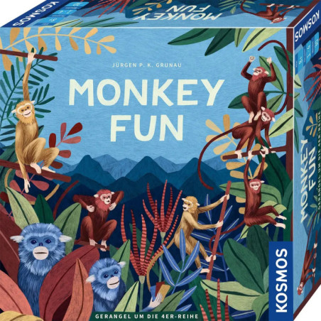 Farbenfrohe Spielschachtel mit spielenden Affen und blauen Tieren im Dschungel, Titel Monkey Fun von Kosmos.