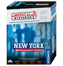 Spielschachtel Medical Mysteries: New York Emergency Room mit Röntgenbild und Notfallsymbolen auf dem Cover.