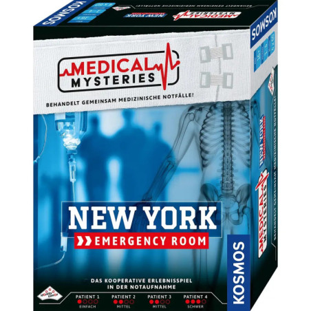 Spielschachtel Medical Mysteries: New York Emergency Room mit Röntgenbild und Notfallsymbolen auf dem Cover.
