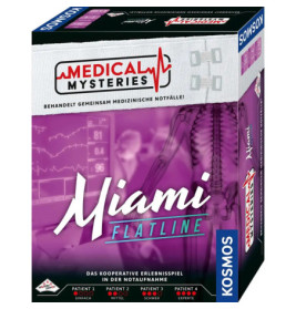 Spielschachtel Medical Mysteries: Miami Flatline mit medizinischen und hospitaltypischen Grafiken.