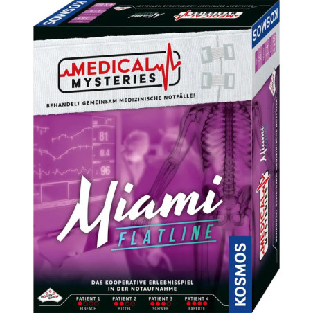 Spielschachtel Medical Mysteries: Miami Flatline mit medizinischen und hospitaltypischen Grafiken.