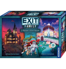 Schachtel von EXIT Das Spiel Family mit einem gruseligen Schloss und einem süßen Haus, beide mit Tierfiguren.