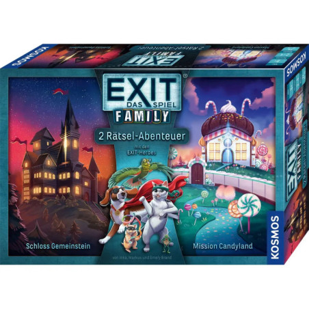 Schachtel von EXIT Das Spiel Family mit einem gruseligen Schloss und einem süßen Haus, beide mit Tierfiguren.