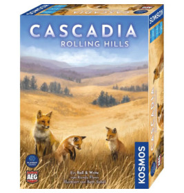 Boxcover von Cascadia: Rolling Hills mit drei Füchsen in einer goldenen Graslandschaft.