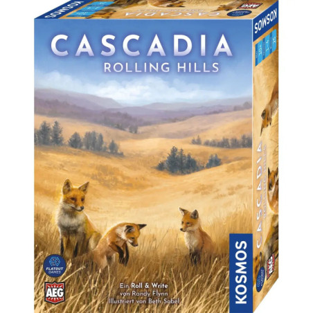 Boxcover von Cascadia: Rolling Hills mit drei Füchsen in einer goldenen Graslandschaft.