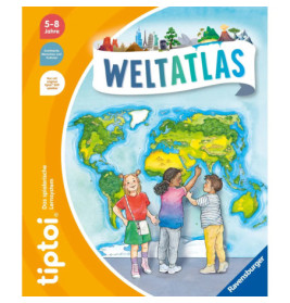 Drei Kinder stehen vor einer bunten Weltkarte auf dem Cover eines deutschen Weltatlas.