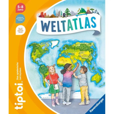 Drei Kinder stehen vor einer bunten Weltkarte auf dem Cover eines deutschen Weltatlas.