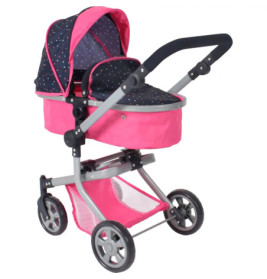 Rosa-blauer Puppenwagen mit gepunktetem Verdeck, Netzkorb und vier Rädern.