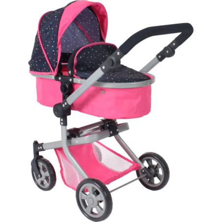 Rosa-blauer Puppenwagen mit gepunktetem Verdeck, Netzkorb und vier Rädern.