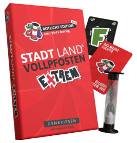 Rote Box Stadt Land Vollpfosten Extrem mit Spielkarten und Sanduhr daneben.