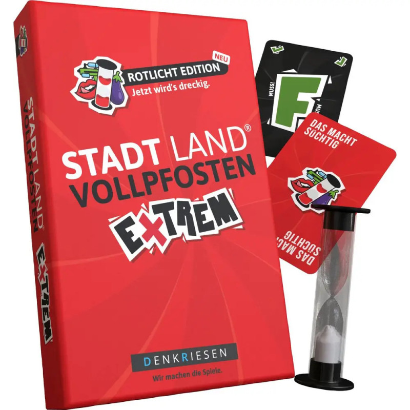 Rote Box Stadt Land Vollpfosten Extrem mit Spielkarten und Sanduhr daneben.