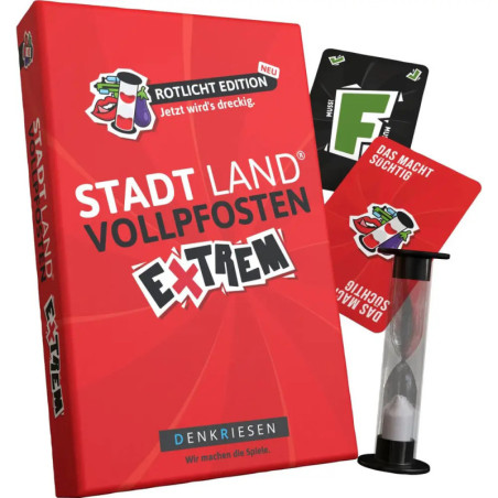 Rote Box Stadt Land Vollpfosten Extrem mit Spielkarten und Sanduhr daneben.