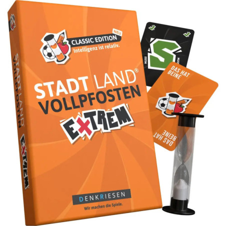 Orange Stadt Land Vollpfosten Extrem Spielbox mit Karten, Sanduhr und Fußballmotiven. Orange Stadt Land Vollpfosten Extrem Spielbox mit Karten, Sanduhr und Fußballmotiven.