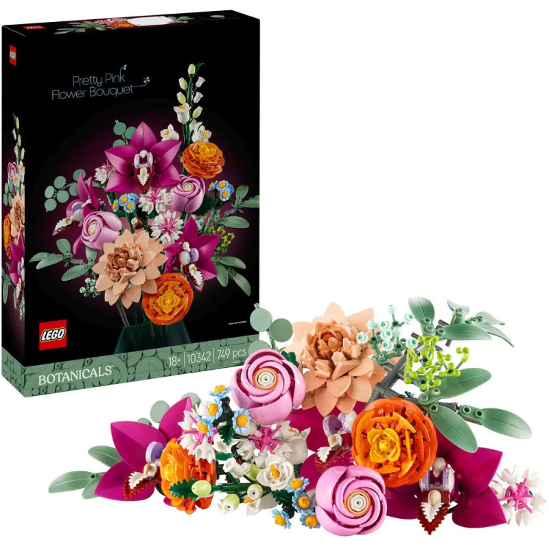 LEGO Botanisches Set: Bunter Blumenstrauß aus Kunststoff, im Hintergrund die Verpackung.
