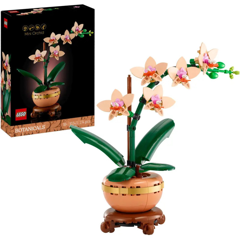 LEGO Botanisches Set mit Mini-Orchidee im Topf neben der Verpackung. LEGO Botanisches Set mit Mini-Orchidee im Topf neben der Verpackung.