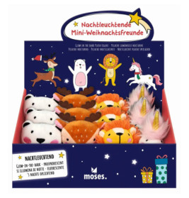 Karton mit leuchtenden Mini-Weihnachtskuscheltieren wie Rentieren, Löwen und Einhörnern.