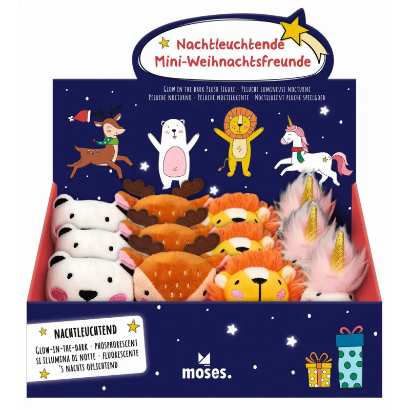 Karton mit leuchtenden Mini-Weihnachtskuscheltieren wie Rentieren, Löwen und Einhörnern.