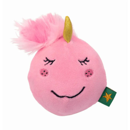 Runder, rosa Plüsch-Einhorn mit goldfarbenem Horn, gesticktem Gesicht und flauschiger Mähne.