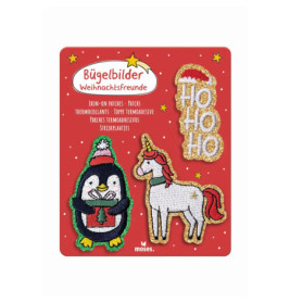 Drei festliche Bügelbilder: Pinguin, Einhorn und HO HO HO vor rotem Hintergrund mit Sternen.