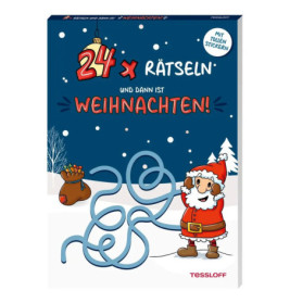 Festliches deutsches Rätselbuchcover mit Weihnachtsmann, Geschenksack und dem Titel 24 x Rätseln und dann ist Weihnachten!.