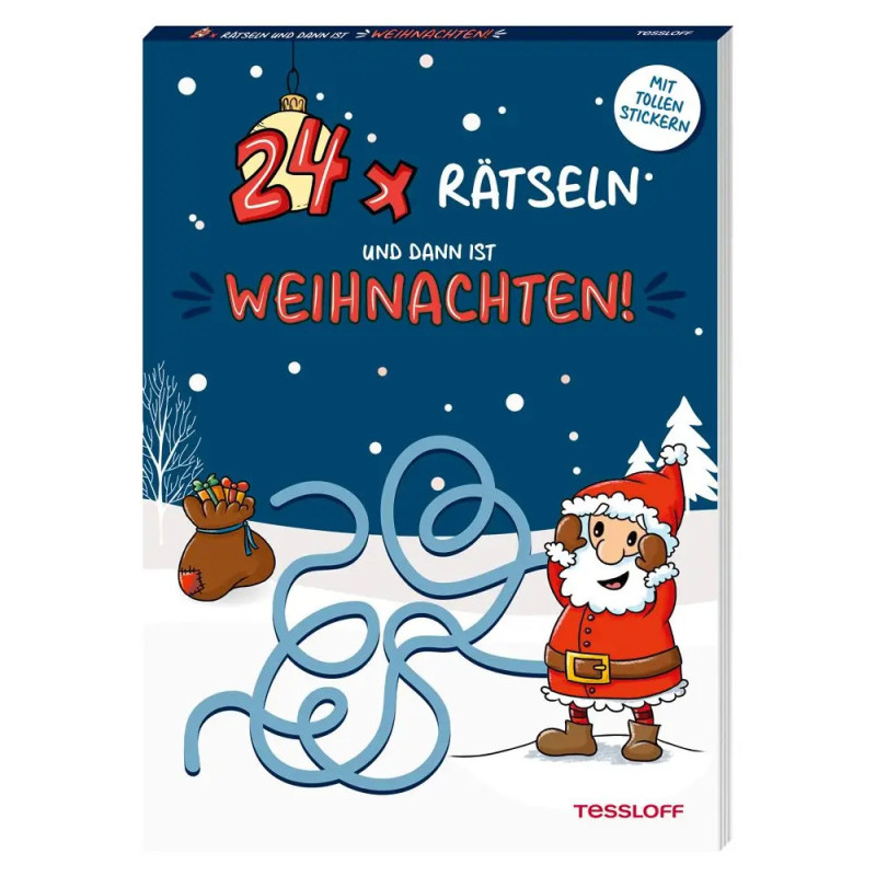 Festliches deutsches Rätselbuchcover mit Weihnachtsmann, Geschenksack und dem Titel 24 x Rätseln und dann ist Weihnachten!.