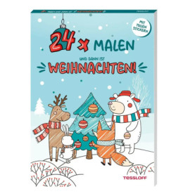 Cartoon-Tiere mit Schals schmücken einen Weihnachtsbaum mit Kugeln in verschneiter Umgebung.